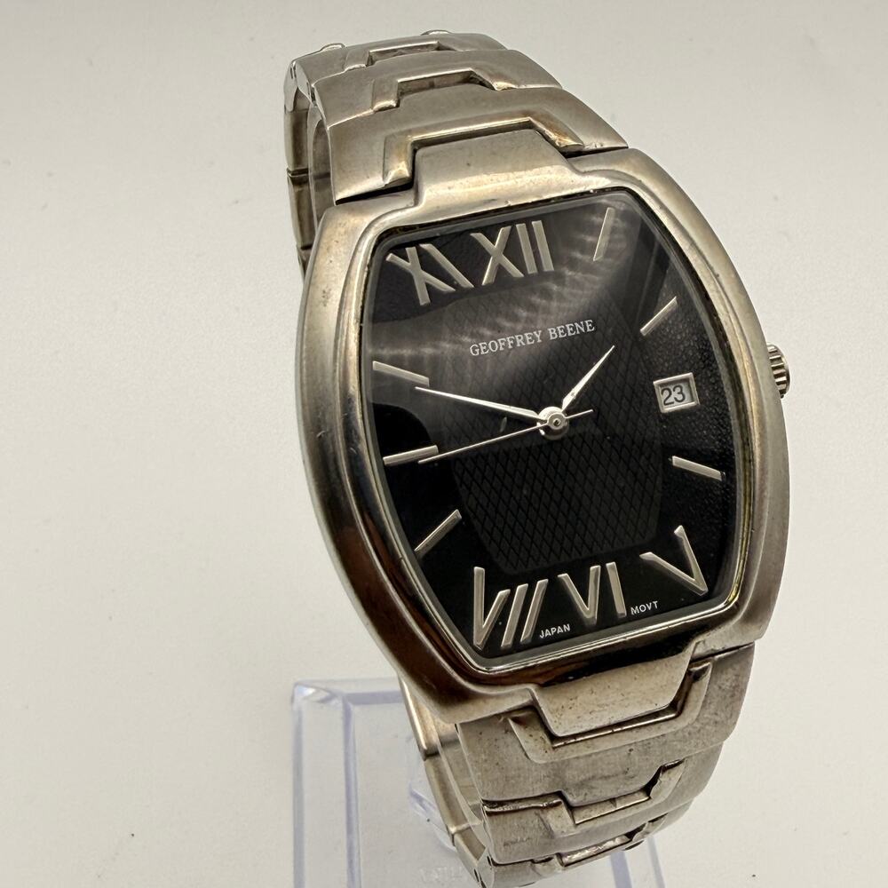 Geoffrey Beene Silver-Tone Quartz Watch - Black Dial Working New Battery